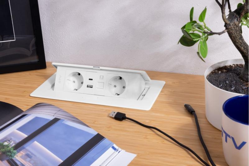 Priză de mobilier MULTISOFT, 2xSHUKO, USB A+C, RJ45, cablu 1,5 m, alb