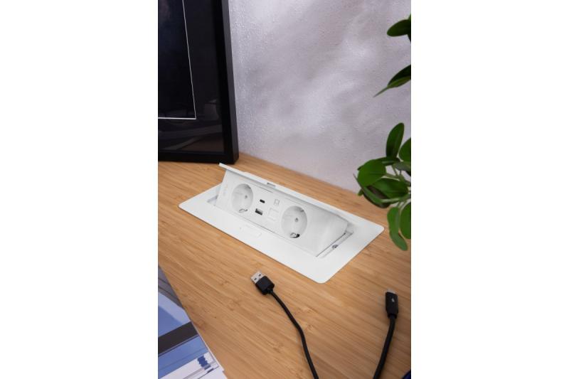 Priză de mobilier MULTISOFT, 2xSHUKO, USB A+C, RJ45, cablu 1,5 m, alb