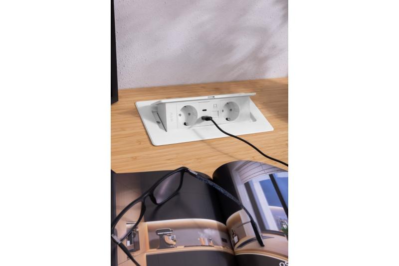 Priză de mobilier MULTISOFT, 2xSHUKO, USB A+C, RJ45, cablu 1,5 m, alb