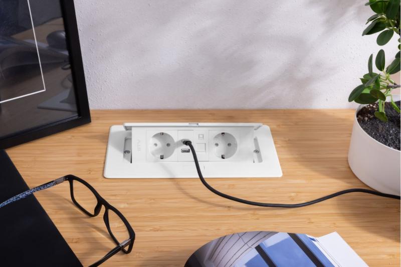 Priză de mobilier MULTISOFT, 2xSHUKO, USB A+C, RJ45, cablu 1,5 m, alb