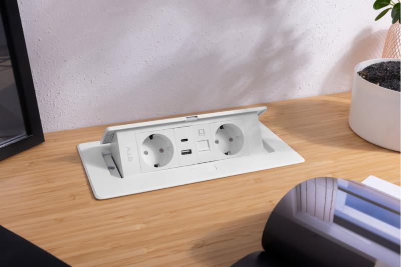 Priză de mobilier MULTISOFT, 2xSHUKO, USB A+C, RJ45, cablu 1,5 m, alb