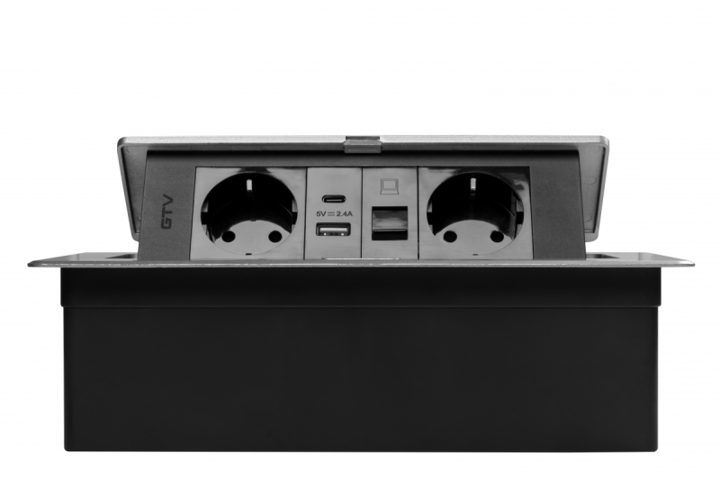 Priză de mobilier MULTISOFT, 2xSHUKO, USB A+C, RJ45, cablu 1,5 m, aluminiu