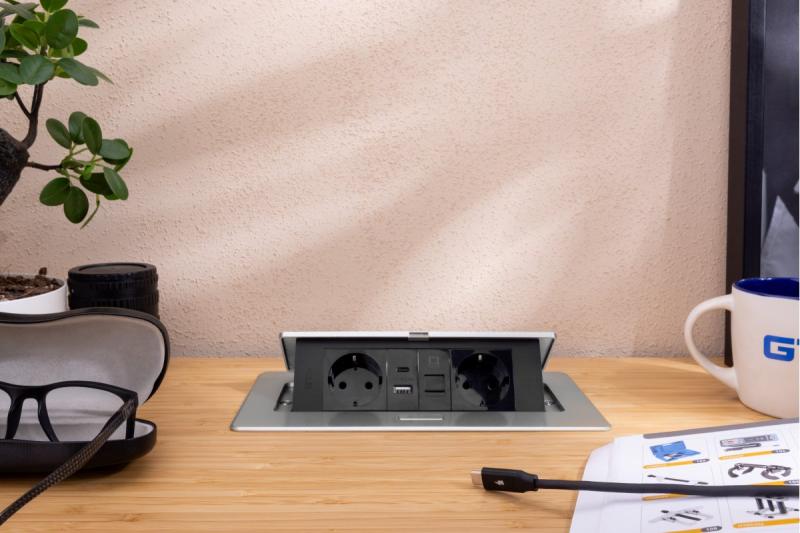 Priză de mobilier MULTISOFT, 2xSHUKO, USB A+C, RJ45, cablu 1,5 m, aluminiu