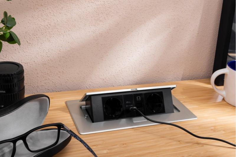 Priză de mobilier MULTISOFT, 2xSHUKO, USB A+C, RJ45, cablu 1,5 m, aluminiu