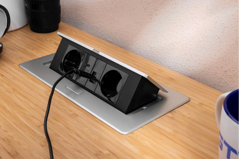 Priză de mobilier MULTISOFT, 2xSHUKO, USB A+C, RJ45, cablu 1,5 m, aluminiu