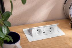 Priză pentru Mobilier MULTISOFT 2x Priză cu Împământare, USB A+C, RJ45, Cablu de Alimentare cu Ștecher, Alb