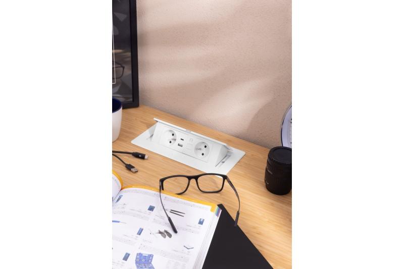 Priză pentru Mobilier MULTISOFT 2x Priză cu Împământare, USB A+C, RJ45, Cablu de Alimentare cu Ștecher, Alb