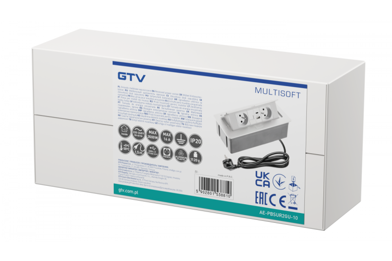 Priză pentru Mobilier MULTISOFT 2x Priză cu Împământare, USB A+C, RJ45, Cablu de Alimentare cu Ștecher, Alb