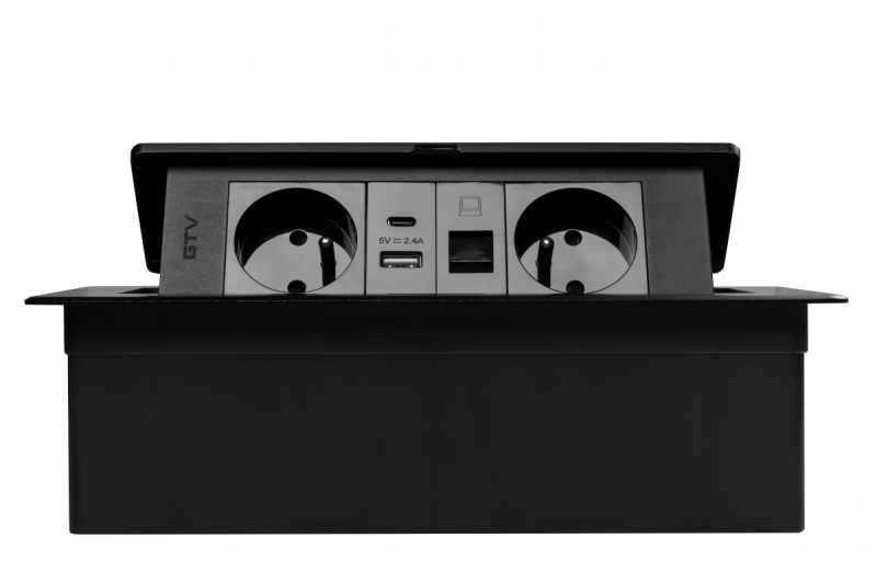 Priză Mobilier MULTISOFT 2x Priză cu Împământare, USB A+C, RJ45, Cablu de Alimentare cu Ștecher, Negru