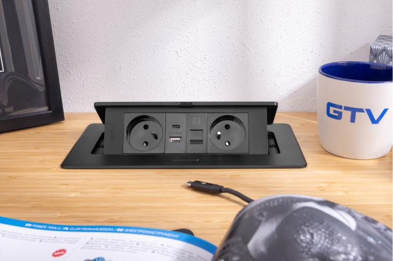 Priză Mobilier MULTISOFT 2x Priză cu Împământare, USB A+C, RJ45, Cablu de Alimentare cu Ștecher, Negru