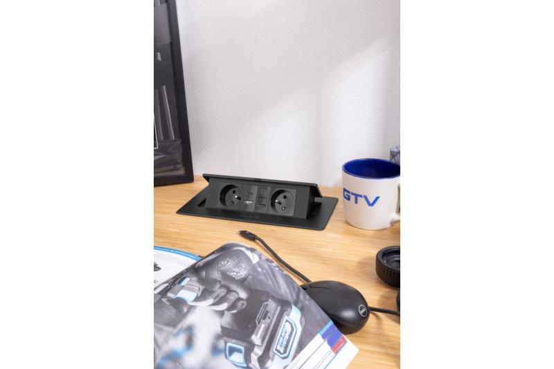 Priză Mobilier MULTISOFT 2x Priză cu Împământare, USB A+C, RJ45, Cablu de Alimentare cu Ștecher, Negru