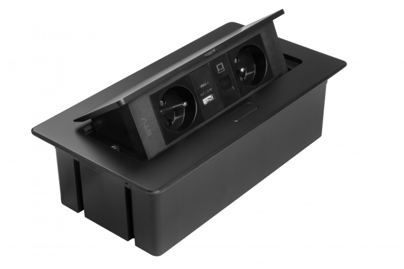 Priză Mobilier MULTISOFT 2x Priză cu Împământare, USB A+C, RJ45, Cablu de Alimentare cu Ștecher, Negru