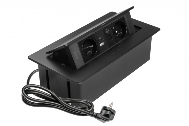 Priză Mobilier MULTISOFT 2x Priză cu Împământare, USB A+C, RJ45, Cablu de Alimentare cu Ștecher, Negru