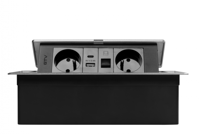 Priză pentru Mobilier MULTISOFT 2x Priză cu Împământare, USB A+C, RJ45, Cablu de Alimentare cu Ștecher, Aluminiu