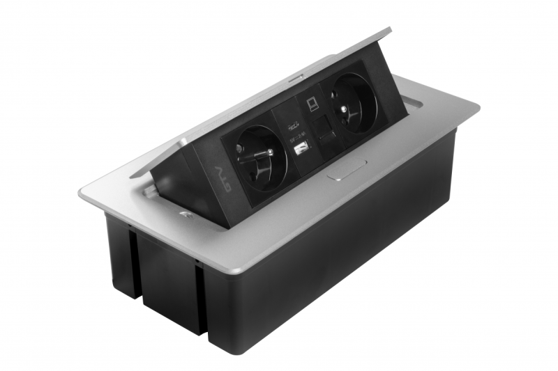 Priză pentru Mobilier MULTISOFT 2x Priză cu Împământare, USB A+C, RJ45, Cablu de Alimentare cu Ștecher, Aluminiu