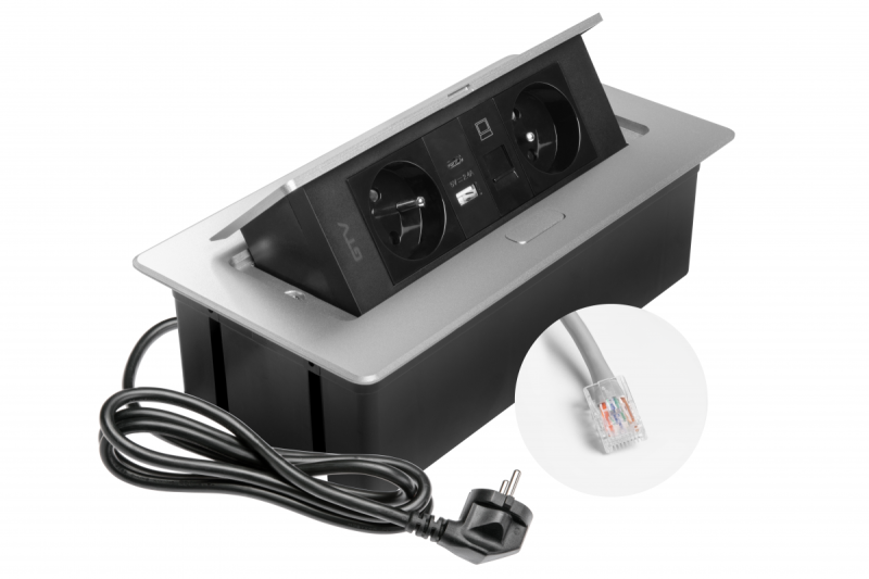 Priză pentru Mobilier MULTISOFT 2x Priză cu Împământare, USB A+C, RJ45, Cablu de Alimentare cu Ștecher, Aluminiu