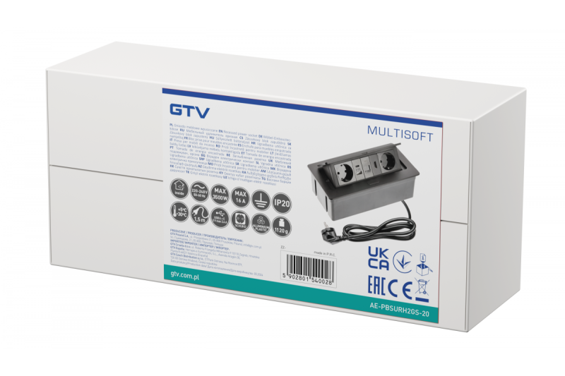 Priză mobilier MULTISOFT, 2xSHUKO, USB A+C, RJ45, cablu HDMI 1.5 m, negru