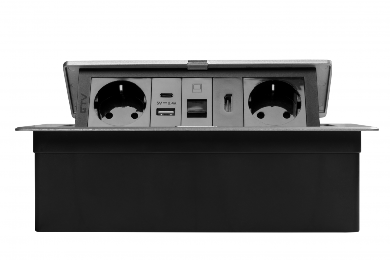 Priză pentru mobilier MULTISOFT, 2xSHUKO, USB A+C, RJ45, cablu HDMI 1.5 m, aluminiu