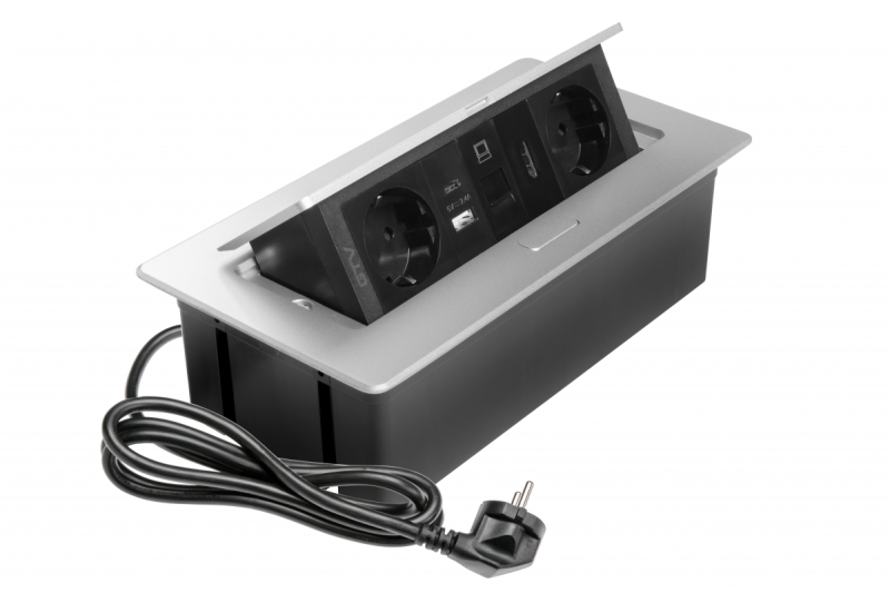 Priză pentru mobilier MULTISOFT, 2xSHUKO, USB A+C, RJ45, cablu HDMI 1.5 m, aluminiu