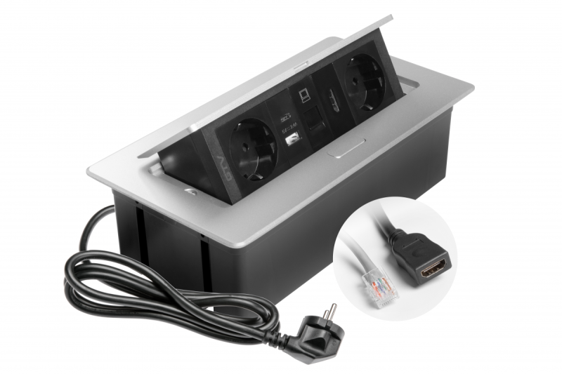 Priză pentru mobilier MULTISOFT, 2xSHUKO, USB A+C, RJ45, cablu HDMI 1.5 m, aluminiu