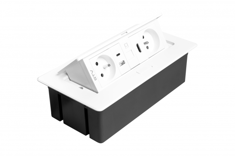 Priză mobilier MULTISOFT 2x priză cu împământare, USB A+C, RJ45, HDMI, cablu de alimentare cu ștecăr, albă