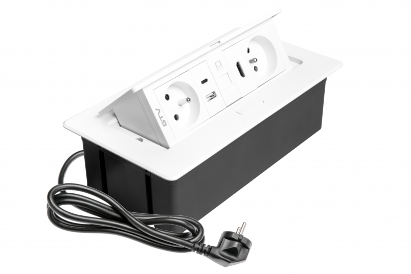 Priză mobilier MULTISOFT 2x priză cu împământare, USB A+C, RJ45, HDMI, cablu de alimentare cu ștecăr, albă