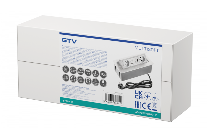 Priză mobilier MULTISOFT 2x priză cu împământare, USB A+C, RJ45, HDMI, cablu de alimentare cu ștecăr, albă