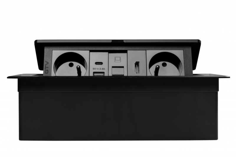 Priză de mobilier MULTISOFT 2x Priză cu Împământare, USB A+C, RJ45, HDMI, Cablu de Alimentare cu Ștecher, Negru