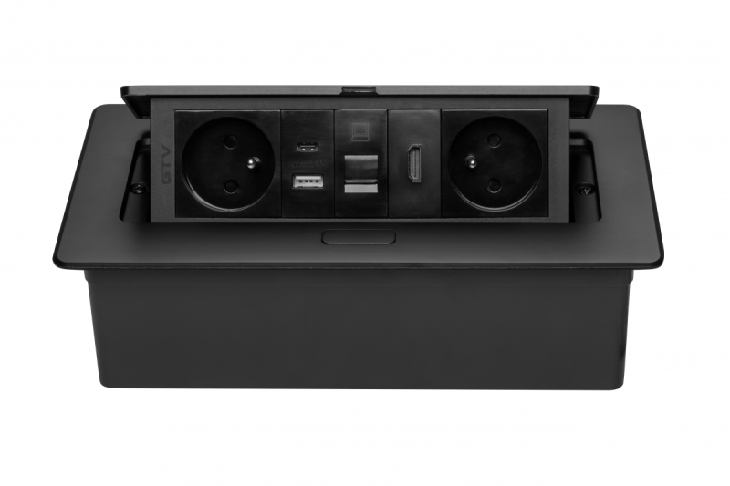 Priză de mobilier MULTISOFT 2x Priză cu Împământare, USB A+C, RJ45, HDMI, Cablu de Alimentare cu Ștecher, Negru