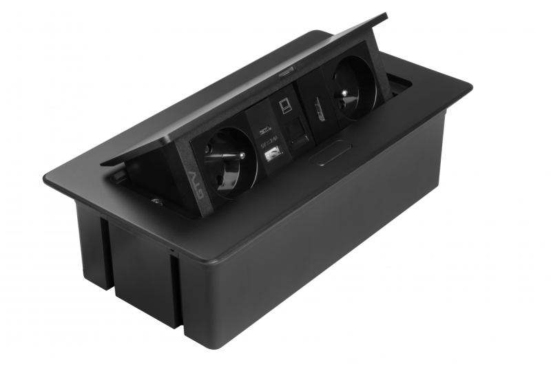 Priză de mobilier MULTISOFT 2x Priză cu Împământare, USB A+C, RJ45, HDMI, Cablu de Alimentare cu Ștecher, Negru