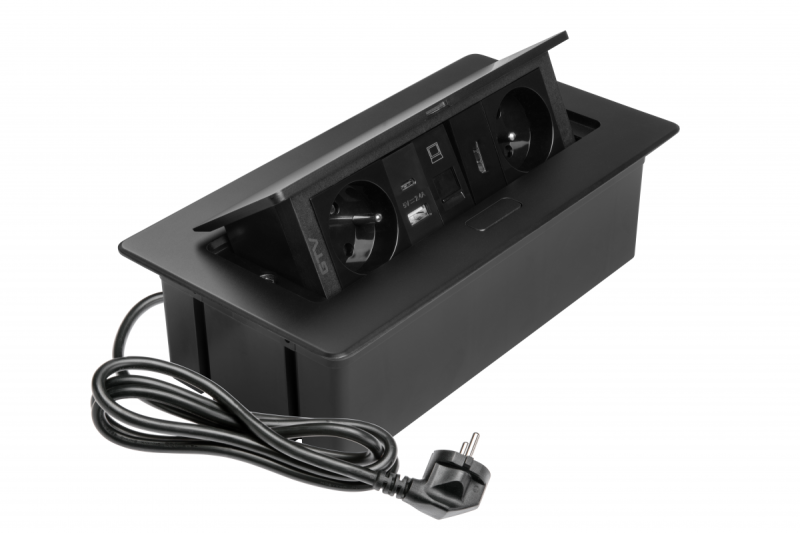 Priză de mobilier MULTISOFT 2x Priză cu Împământare, USB A+C, RJ45, HDMI, Cablu de Alimentare cu Ștecher, Negru