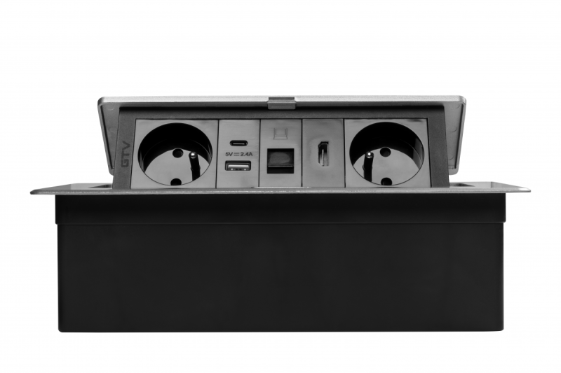 Priză mobilier MULTISOFT 2x Priză cu Împământare, USB A+C, RJ45, HDMI, Cablu de Alimentare cu Ștecher, Aluminiu