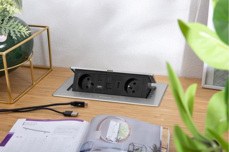 Priză mobilier MULTISOFT 2x Priză cu Împământare, USB A+C, RJ45, HDMI, Cablu de Alimentare cu Ștecher, Aluminiu