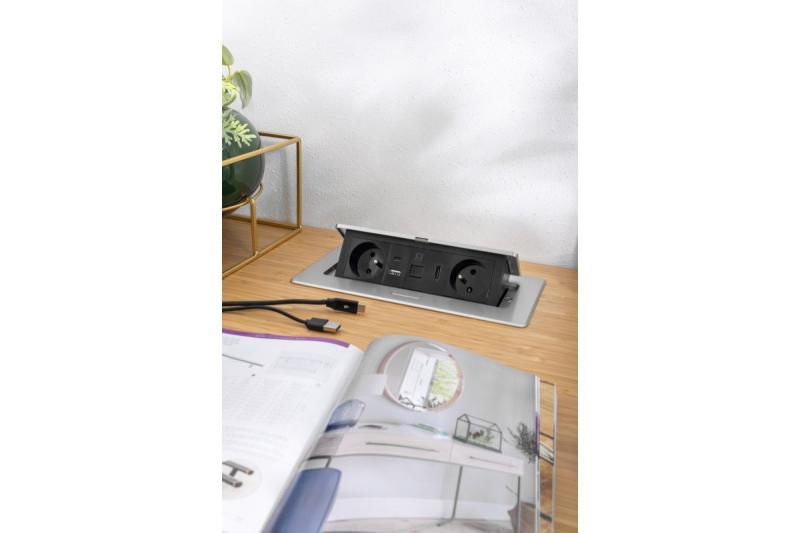 Priză mobilier MULTISOFT 2x Priză cu Împământare, USB A+C, RJ45, HDMI, Cablu de Alimentare cu Ștecher, Aluminiu