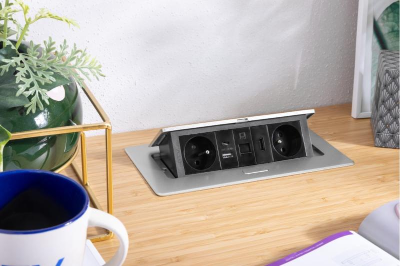 Priză mobilier MULTISOFT 2x Priză cu Împământare, USB A+C, RJ45, HDMI, Cablu de Alimentare cu Ștecher, Aluminiu