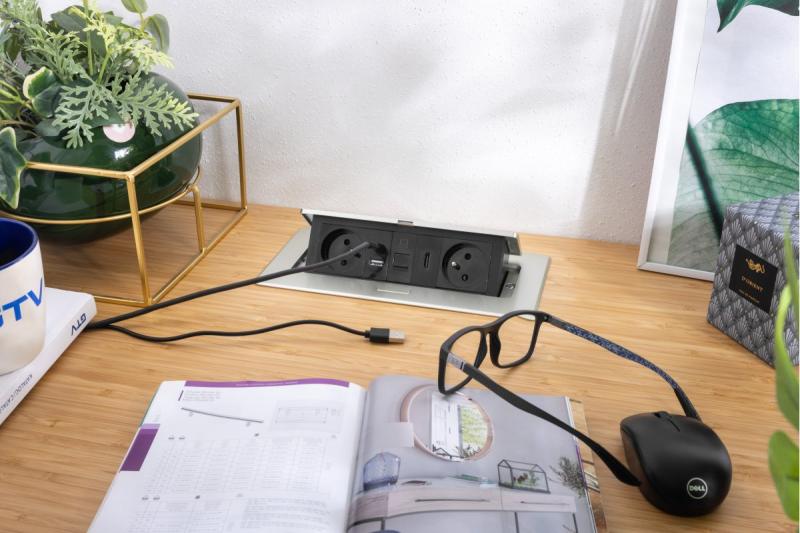 Priză mobilier MULTISOFT 2x Priză cu Împământare, USB A+C, RJ45, HDMI, Cablu de Alimentare cu Ștecher, Aluminiu