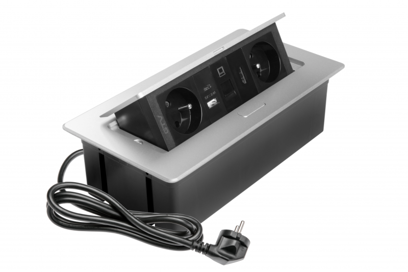 Priză mobilier MULTISOFT 2x Priză cu Împământare, USB A+C, RJ45, HDMI, Cablu de Alimentare cu Ștecher, Aluminiu