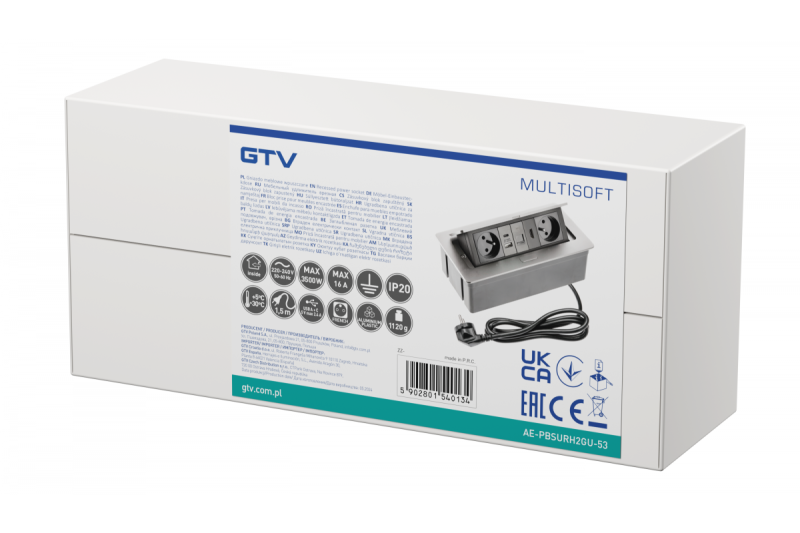 Priză mobilier MULTISOFT 2x Priză cu Împământare, USB A+C, RJ45, HDMI, Cablu de Alimentare cu Ștecher, Aluminiu