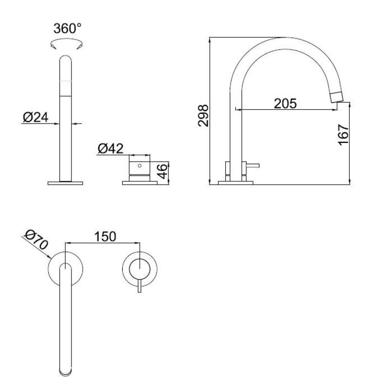 Pure.Sink Luxion Robinet de bucătărie din cupru cu 2 găuri și bec rotund PLX2HR-62