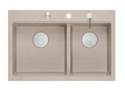 Chiuvetă dublă Quadri Hard Rock Beige Granit încorporabilă 76x50 cm cu dop din oțel inoxidabil și accesorii 1208971749