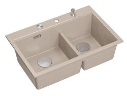Chiuvetă dublă Quadri Hard Rock Beige Granit încorporabilă 76x50 cm cu dop din oțel inoxidabil și accesorii 1208971749