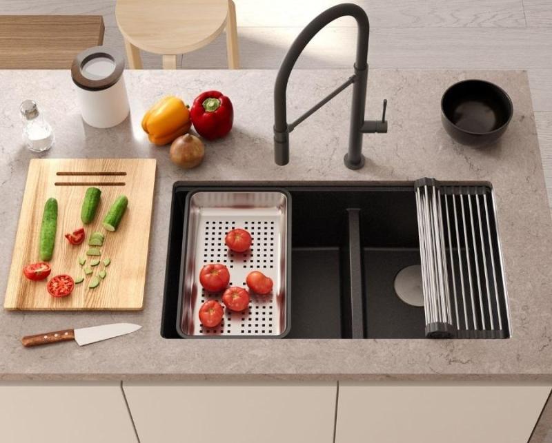 Chiuvetă dublă Quadri Newport II Beige Granit de suprafață 76x45 cm cu dop din oțel inoxidabil 1208971754