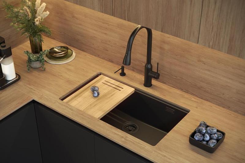 Quadri Newport II chiuvetă mare și adâncă din granit pentru montare superioară și inferioară, bej, dimensiunea 76x45 cm, cu dop auriu 1208971759