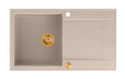 Chiuveta de granit Quadri Luton pearl beige cu montaj pe blat, reversibilă, 86x50cm, cu supapă de cupru 1208971777