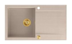 Chiuveta de granit Quadri Luton pearl beige cu montare superioară și suprafață de scurgere reversibilă 86x50cm cu dop de aur 1208971778