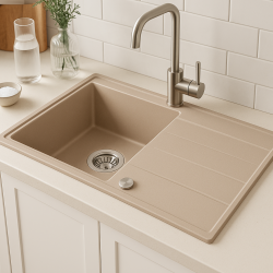 Chiuvetă de suprafață Quadri Luton perlată bej din granit cu zonă de scurgere reversibilă 86x50cm cu dop din oțel inoxidabil 1208971779