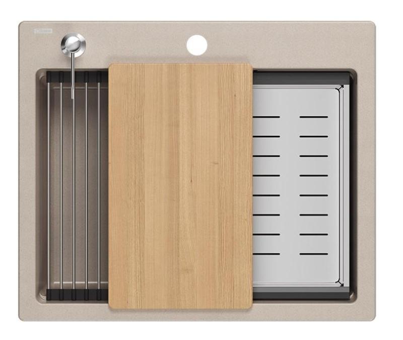 Chiuveta de granit Quadri Durham Pearl Beige cu montaj superior 595x500 cu dozator de săpun, tocător, bol suplimentar și covoraș rulant 1208971814