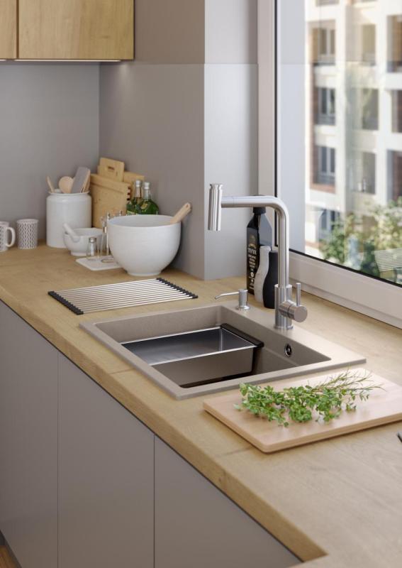 Chiuveta de granit Quadri Durham Pearl Beige cu montaj superior 595x500 cu dozator de săpun, tocător, bol suplimentar și covoraș rulant 1208971814