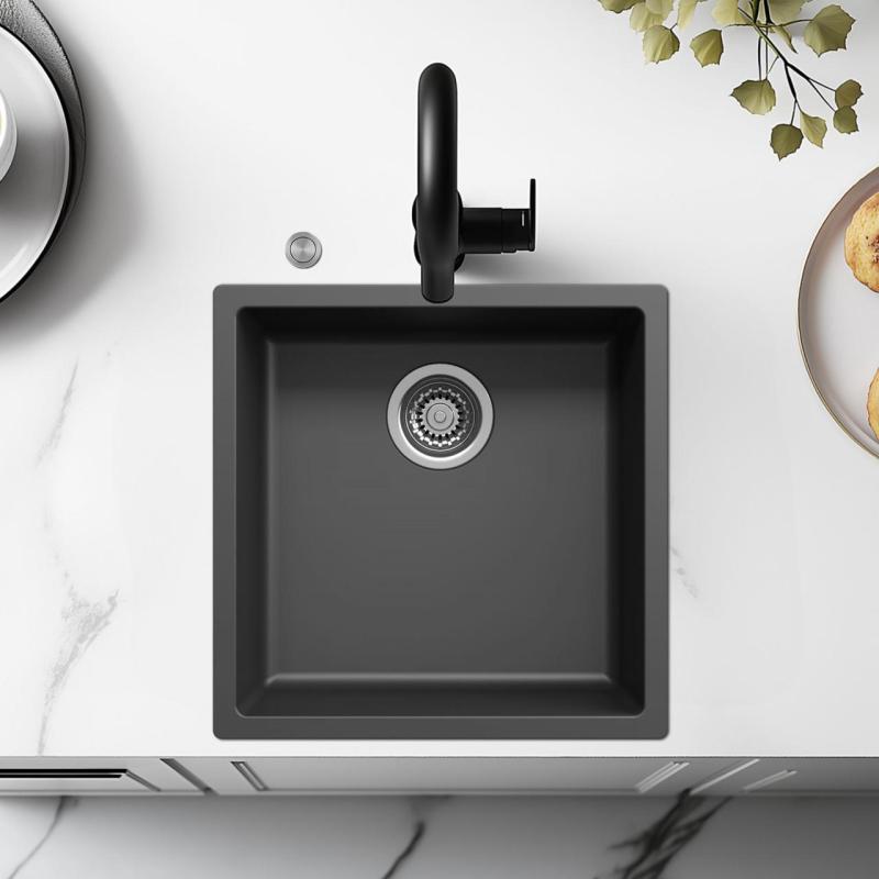 Chiuveta de fibra Ausmann neagră 40x40cm pentru montaj sub blat, suprafață și încastrabilă cu dop automat din inox 1208971836