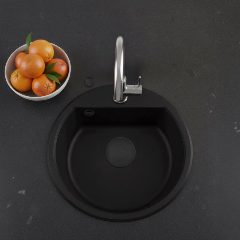 GraniteMy Bremen chiuvetă rotundă din granit de 43 cm negru, montare deasupra și dedesubt, cu orificiu pentru robinet și dop automat negru 1208971839